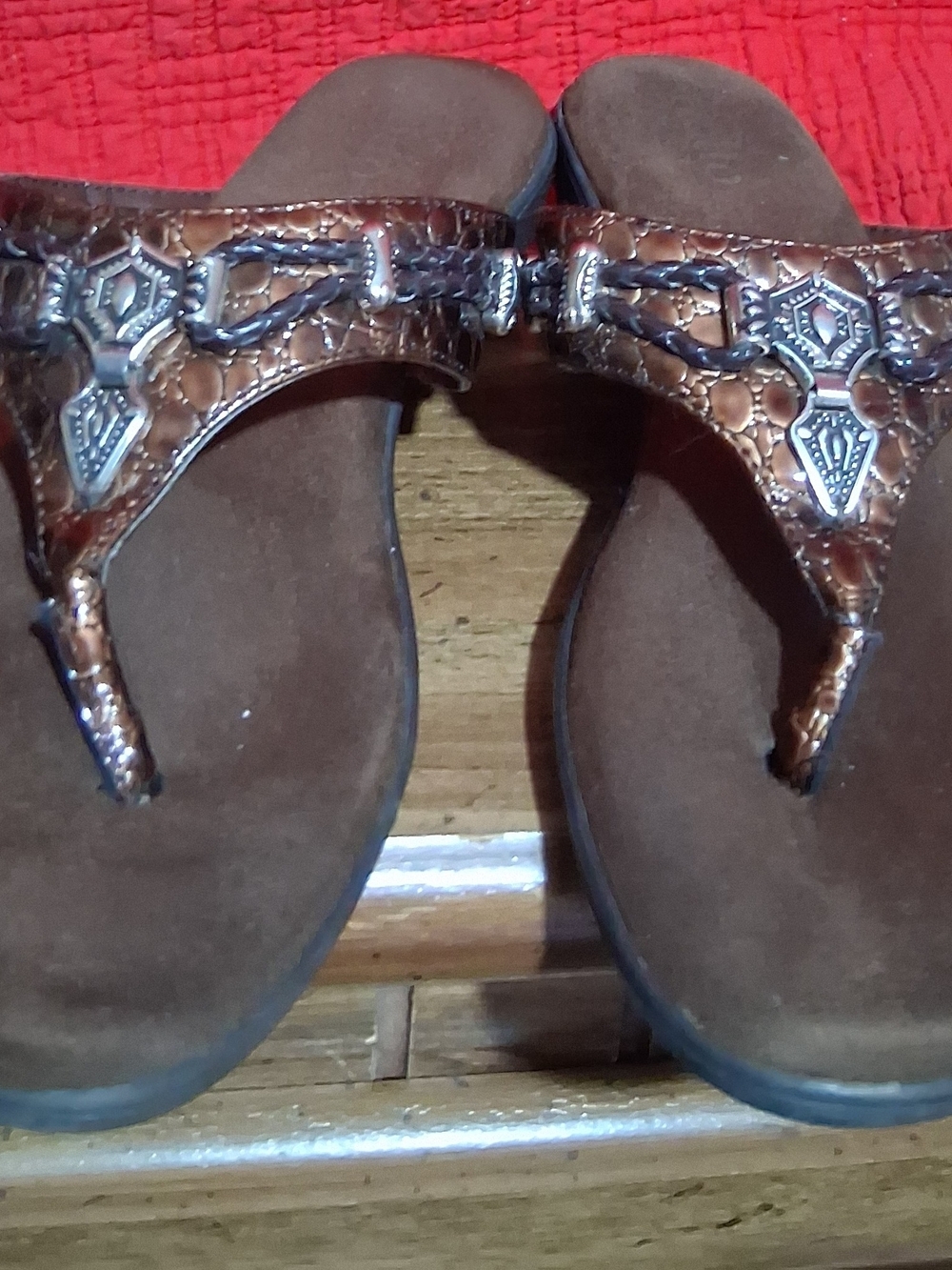 RIALIO Brown Metallic Embossed Thong Sandals